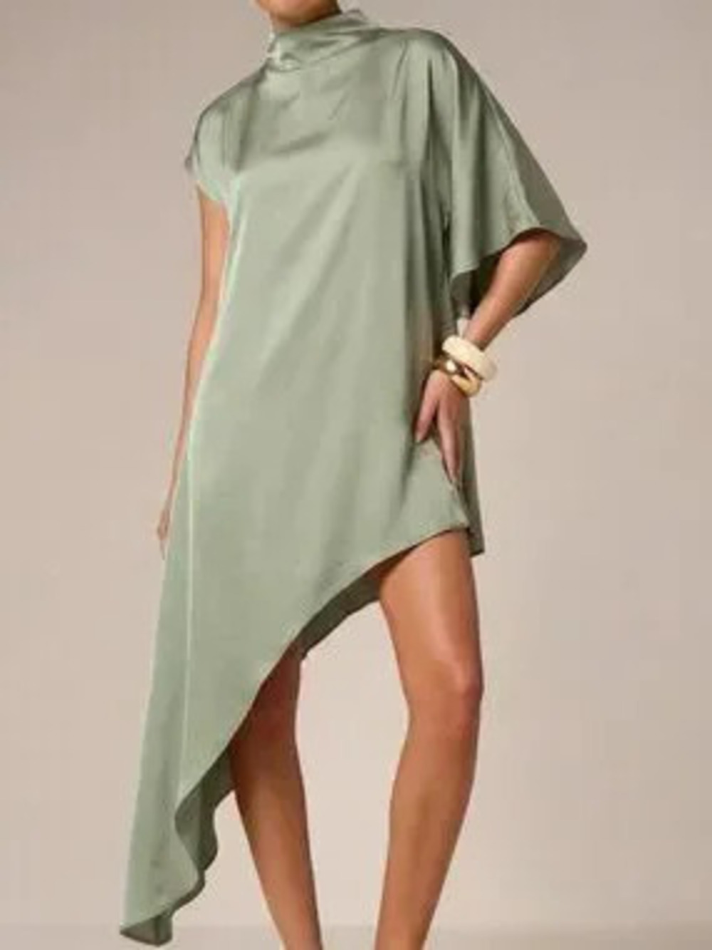 Green Asymmetric Draped Women's High Neck Mini Dress with Flowing Hemline